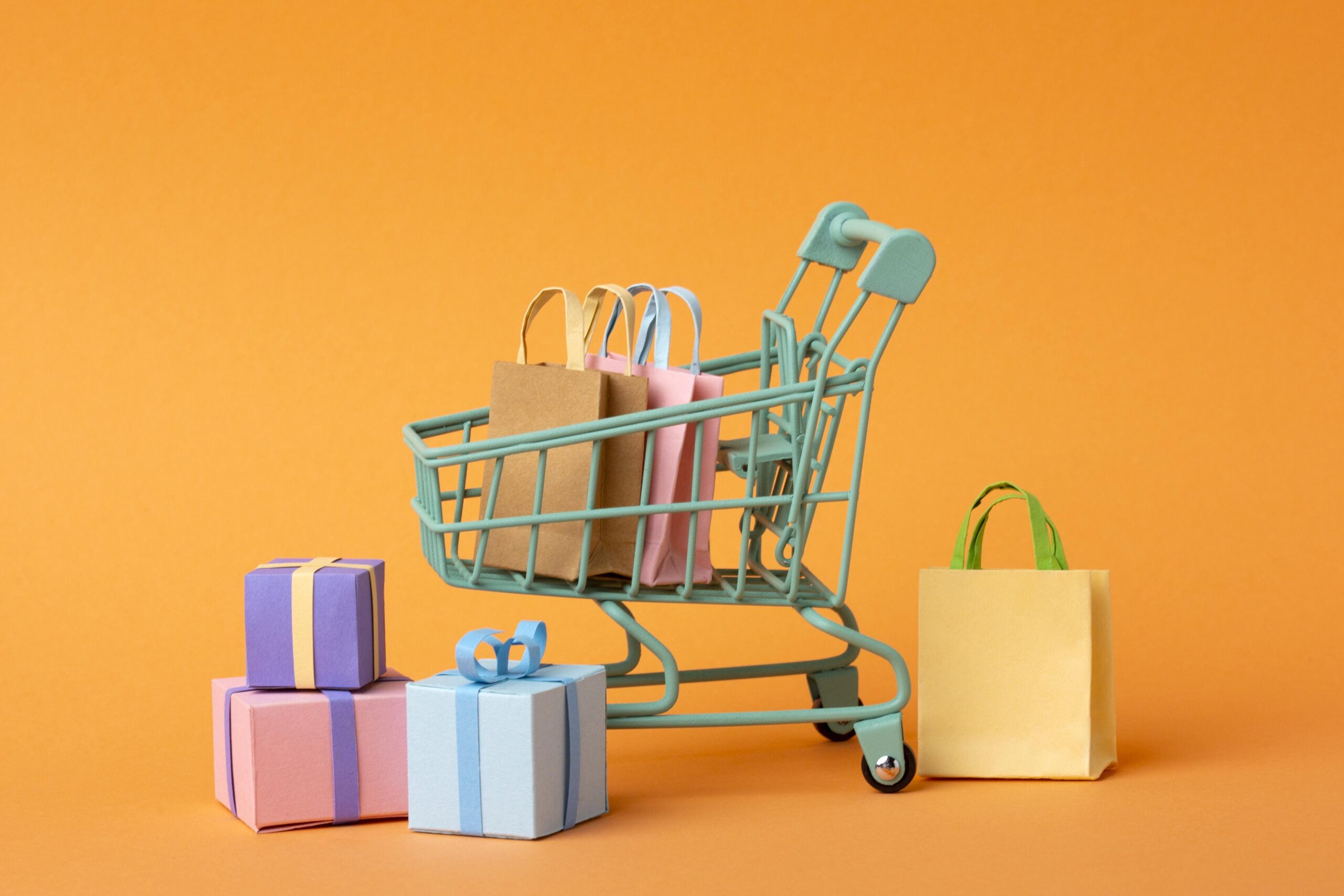 3d Shopping cart with giftboxes