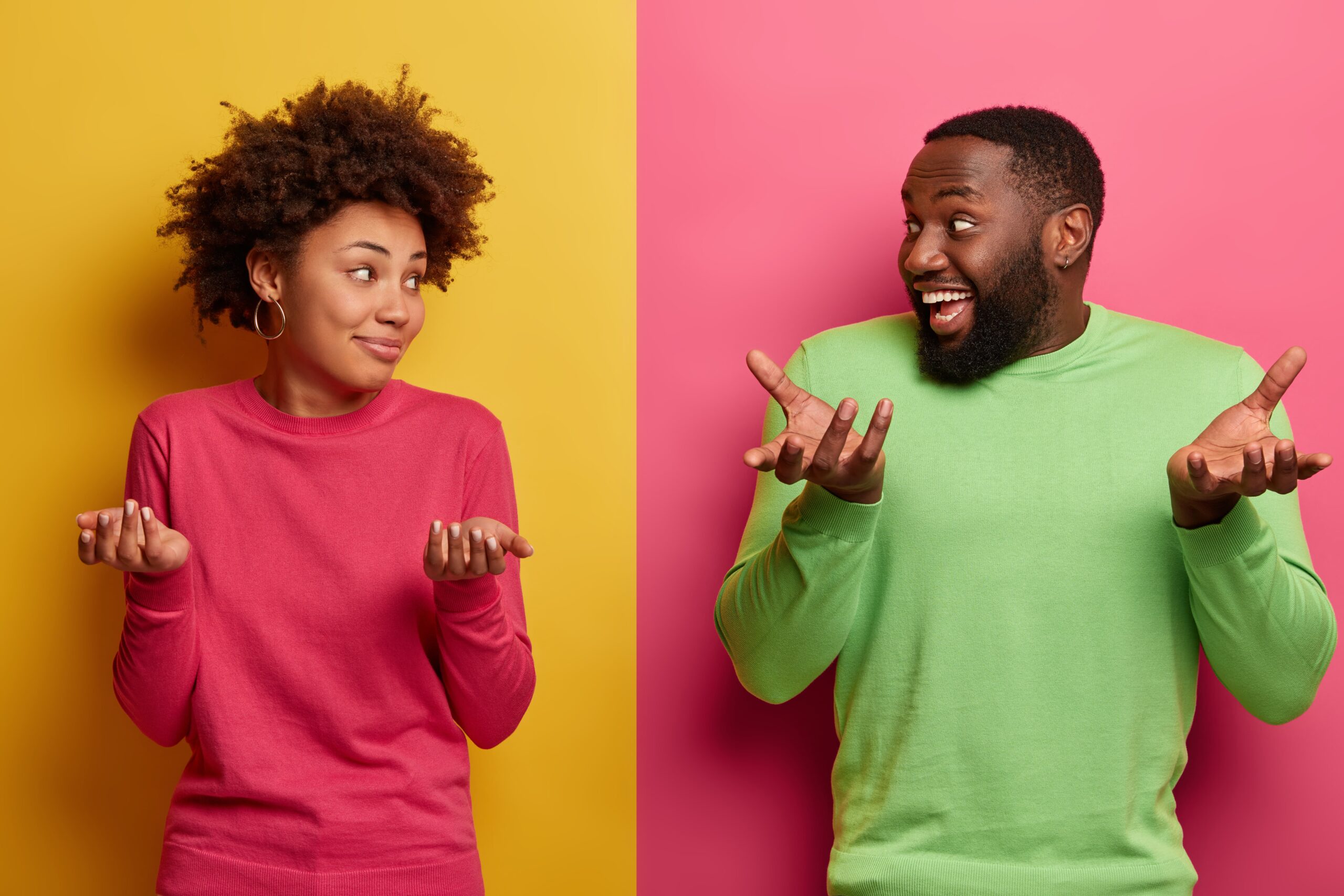 waist-up-shot-hesitant-boyfriend-girlfriend-shrug-shoulders-look-doubtful-each-other-make-decision-face-difficult-choice-cannot-decide-where-go-spare-time-wear-bright-clothes